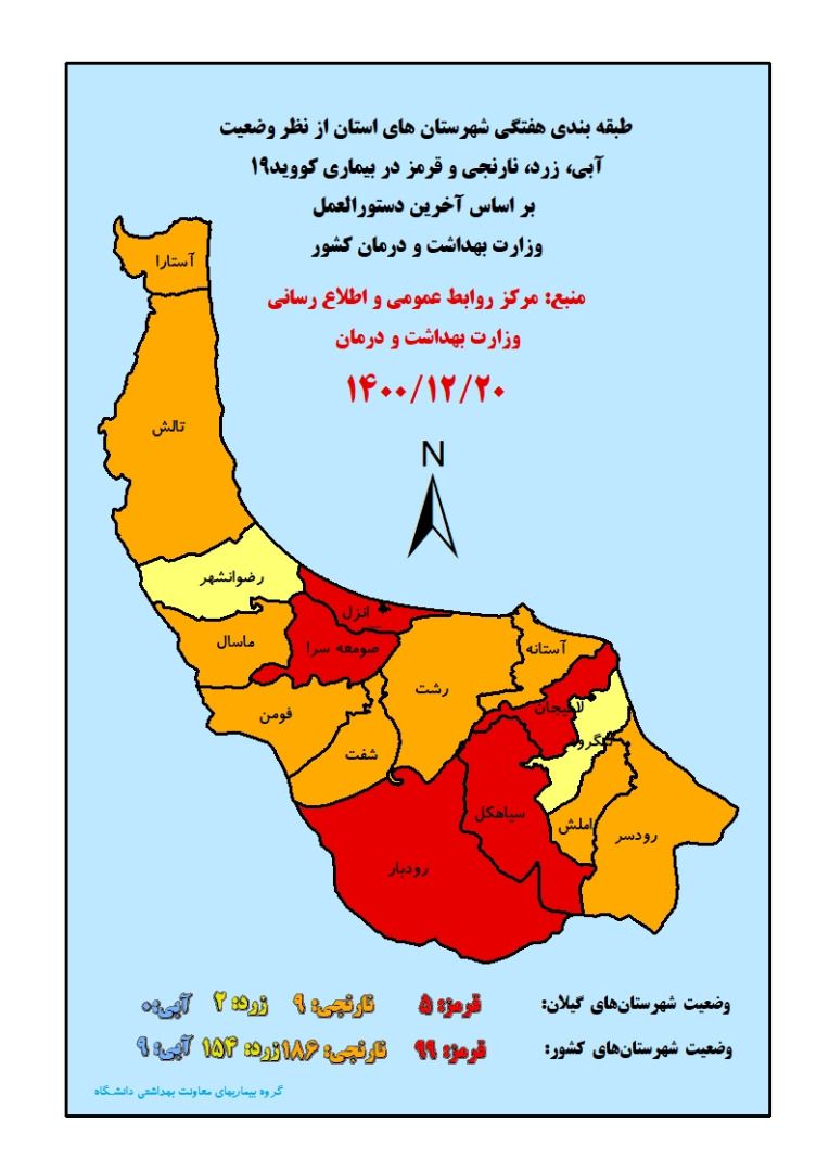 پنج شهر گیلان در ردیف شهرهای قرمز کرونایی